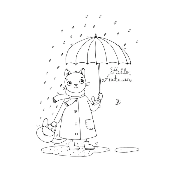 Gato bonito dos desenhos animados, guarda-chuva, chuva e poças . —  Vetores de Stock