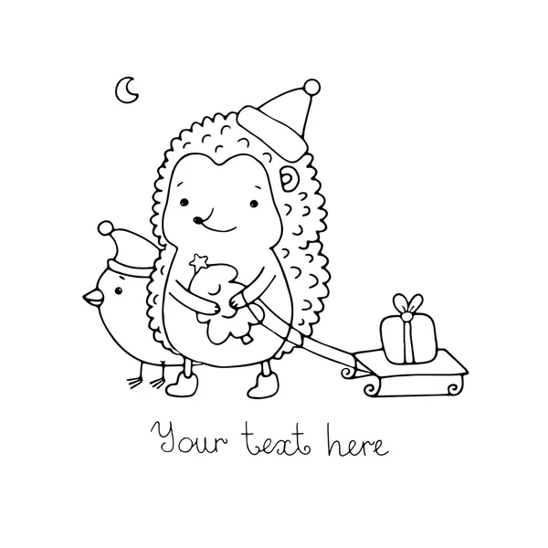 Un erizo, un pájaro, un regalo y un árbol de Navidad . — Archivo Imágenes Vectoriales