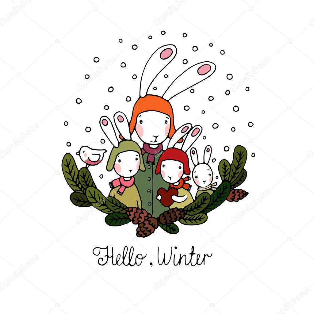 Family of rabbits, tree branches and bird. Stock Vector Image by