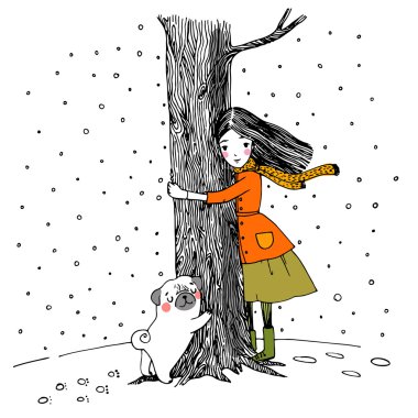 Güzel genç kız ve beyaz bir arka plan üzerinde şirin bir boksör.