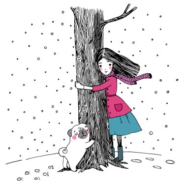 Güzel genç kız ve beyaz bir arka plan üzerinde şirin bir boksör.