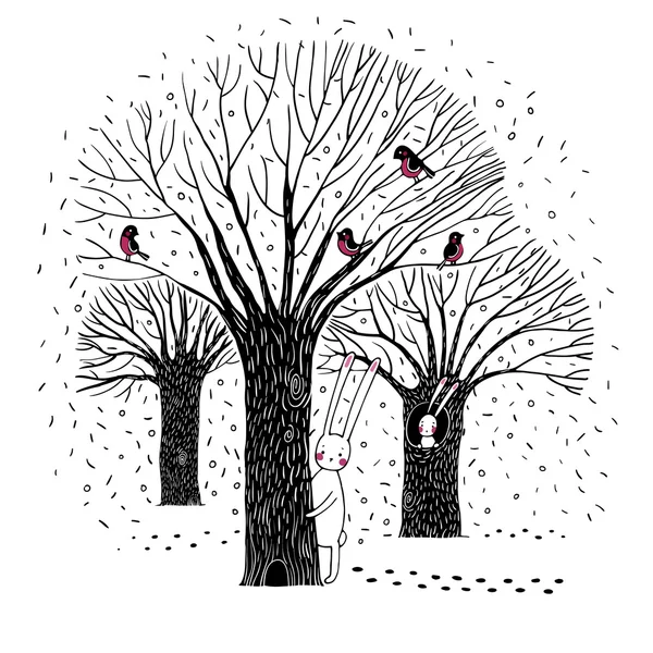 Beaux arbres, oiseaux et lapins . — Image vectorielle