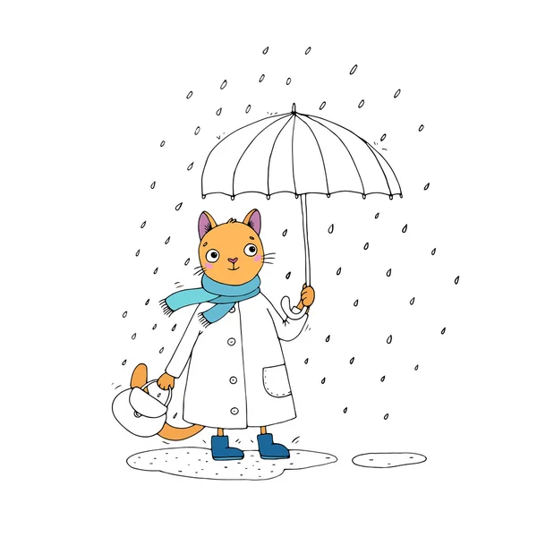 Mignon chat dessin animé, parapluie, pluie et flaques . — Image vectorielle