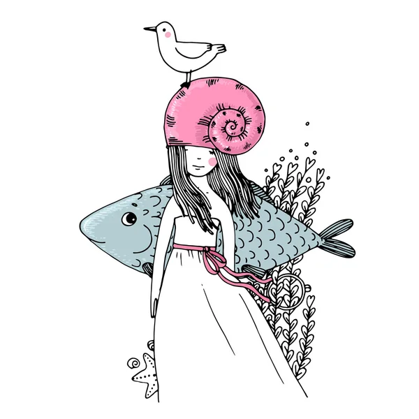 Dívka, ryby, racky, mořské řasy, hvězdice a prsten. — Stockový vektor