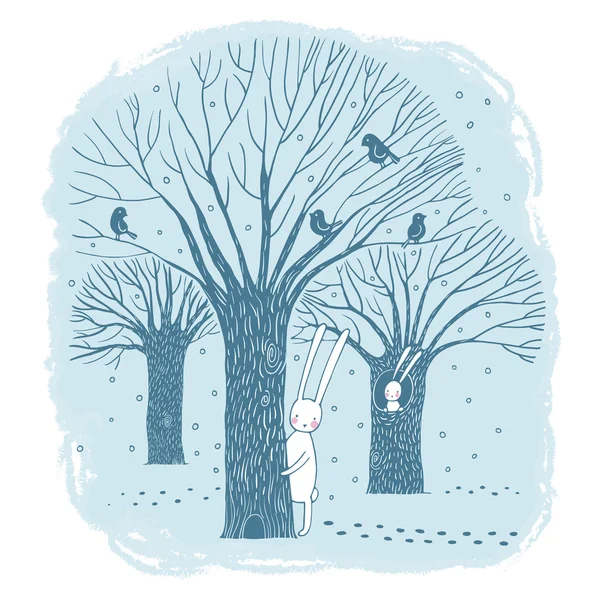 Güzel ağaçlar, kuşlar ve tavşan. — Stok Vektör
