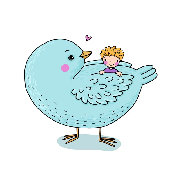 Roztomilý kreslený dítě a velký pták. — Stockový vektor