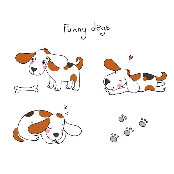 Divertidos perros de dibujos animados con un hueso — Vector de stock