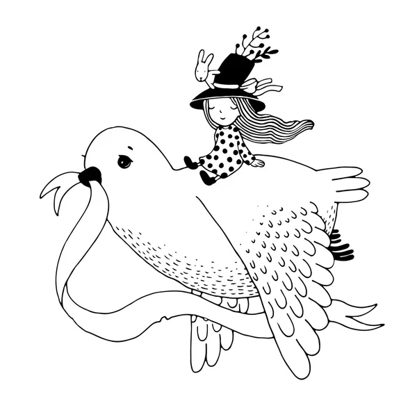 A história da pomba, menina fada, coelho e um chapéu . —  Vetores de Stock