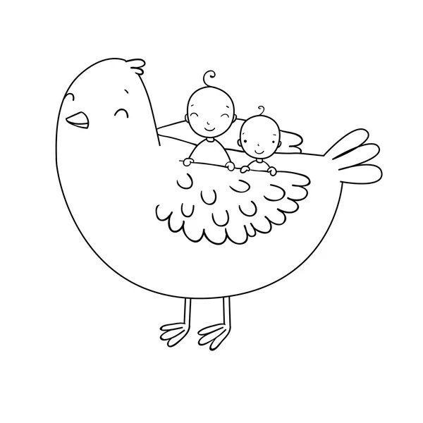 Due bambino carino e un uccello . — Vettoriale Stock