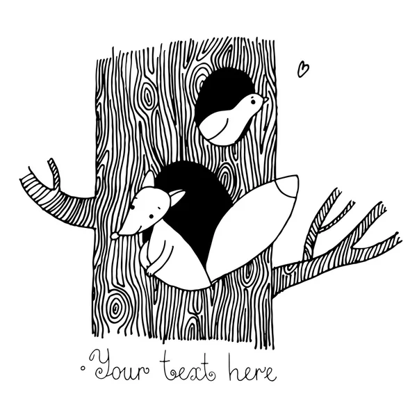 Милый мультяшный лис и птица на дереве . — стоковый вектор