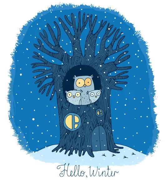 Güzel ağaç ve ailesi baykuşlar. Kış. — Stok Vektör