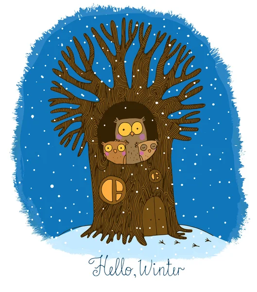 Bel arbre et famille de hiboux. Hiver . — Image vectorielle
