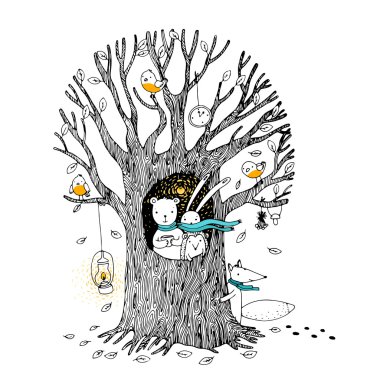 Sonbahar ağaç, ayı, tavşan, kirpi, fox ve kuşlar.