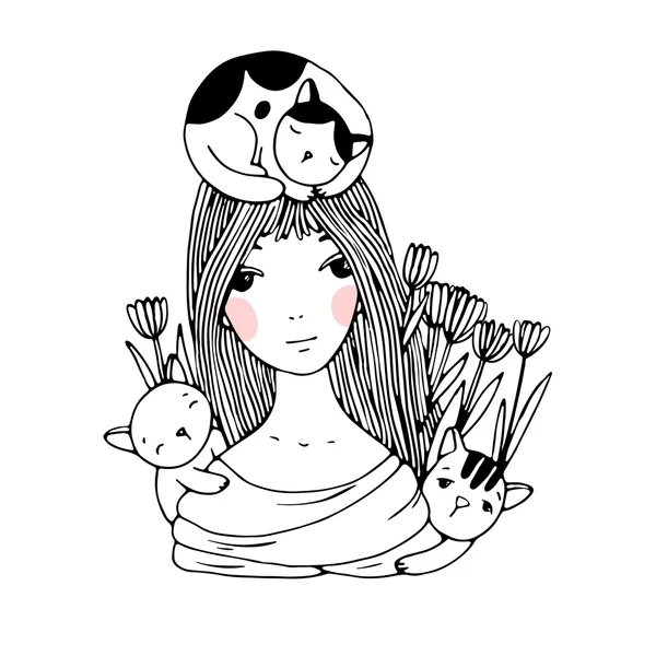 Hermosa chica joven, gatos y tulipanes . — Vector de stock