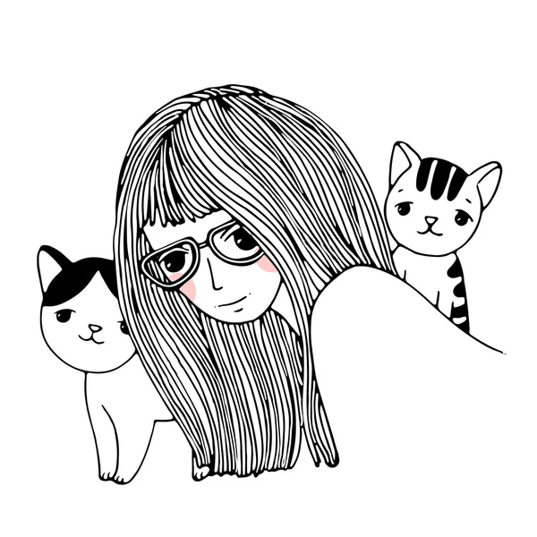 Красивая молодая девушка и милые маленькие кошки . — стоковый вектор
