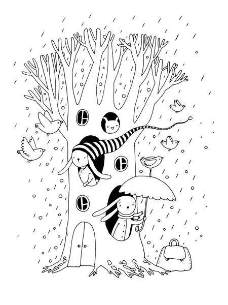 Μαγικό δέντρο, κουνέλια και πτηνά. Ζώα του δάσους. — Διανυσματικό Αρχείο