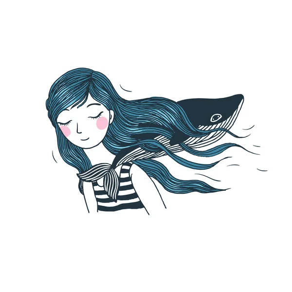 Beautiful young girl with a whale. — Stock Vector