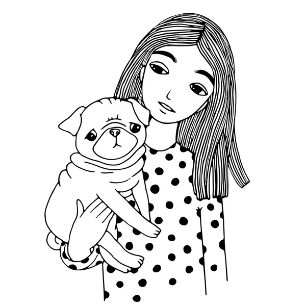 Beautiful young girl and a cute pug. — Stock Vector