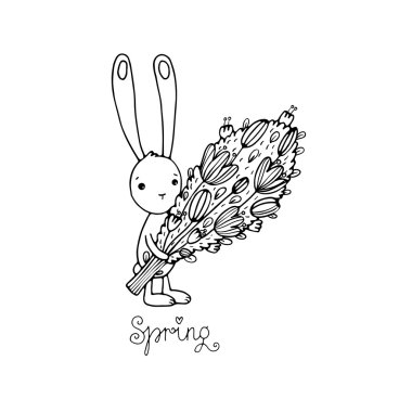 Bir buket ile şirin küçük tavşan.