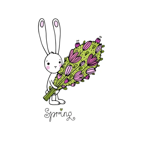 Carino coniglietto con un bouquet . — Vettoriale Stock