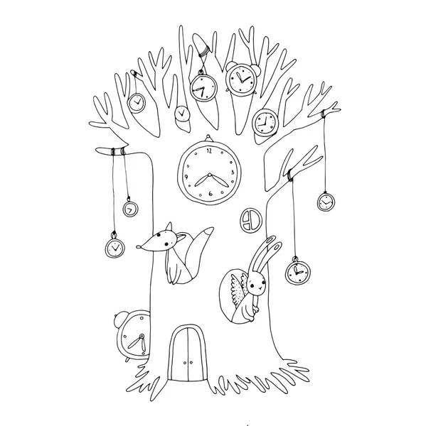 Arbre magique, horloge, renard et lièvre . — Image vectorielle