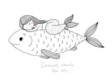 Güzel küçük deniz kızı ve büyük balık.