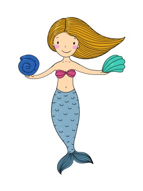 Kabukları ile güzel küçük deniz kızı.