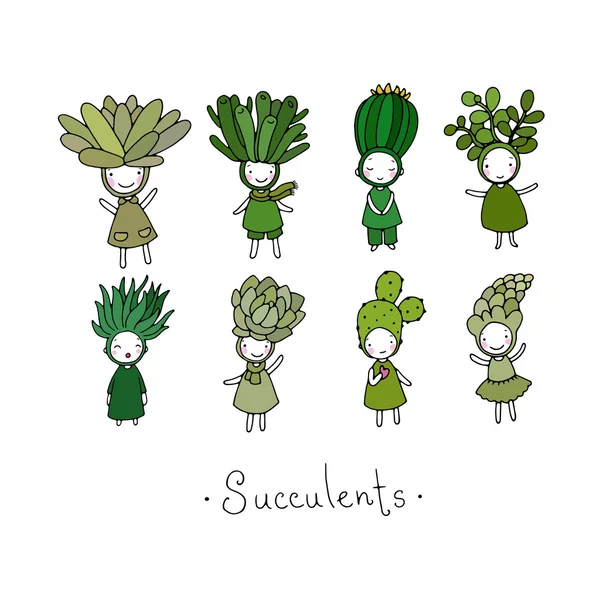 Afbeeldingenset met schattige cartoon vetplanten. — Stockvector