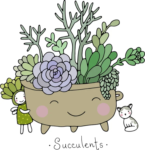 De schattige vetplanten cartoon in pot. — Stockvector