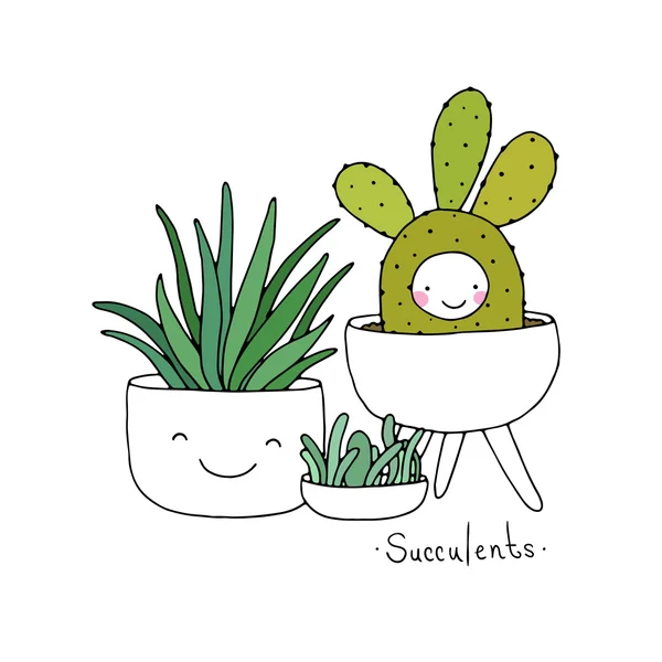 Tencerede karikatür şirin succulents. — Stok Vektör