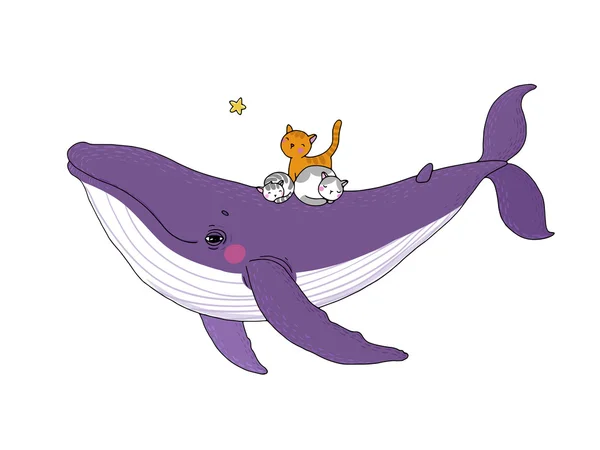 큰 아름다운 핑크 고래와 세 귀여운 작은 회색 새끼 고양이. — 스톡 벡터