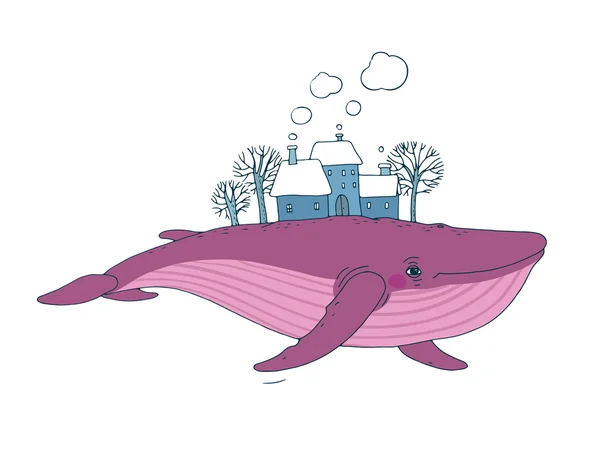 Μεγάλη όμορφη φάλαινα με σπίτια και τα δέντρα στην πλάτη. — Διανυσματικό Αρχείο