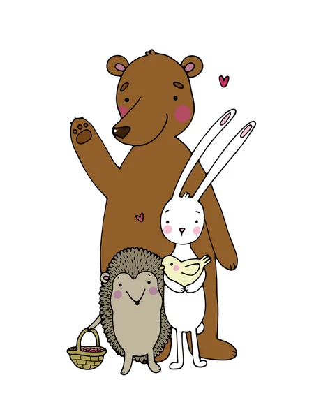 귀여운 만화 곰, 고슴도치, 토끼와 새. — 스톡 벡터