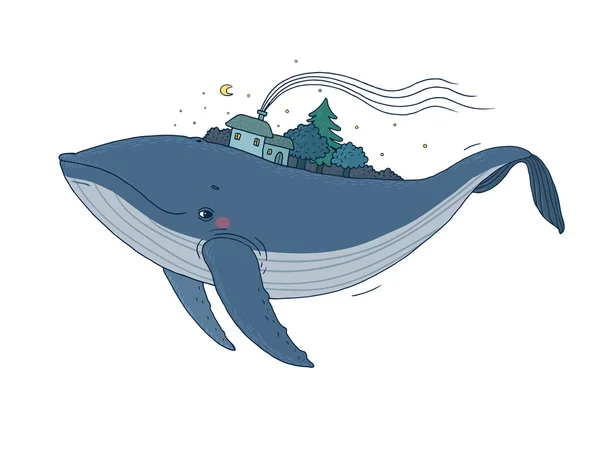 Grote mooie walvis met huizen en bomen in de rug. — Stockvector