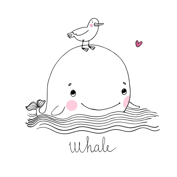 小さなかわいいクジラとカモメ. — ストックベクタ
