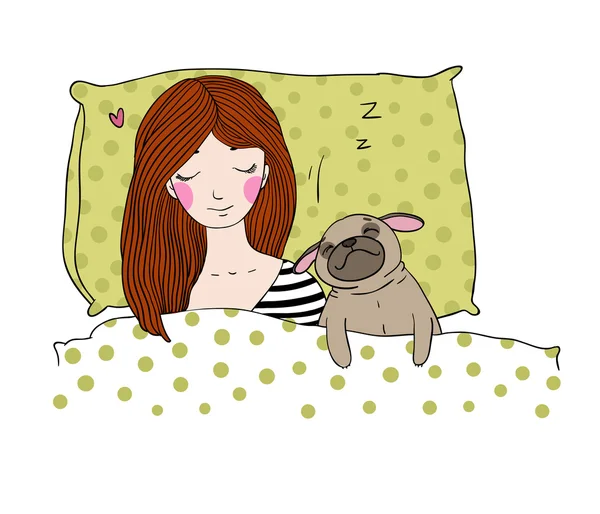 Sleeping beautiful young girl and a cute pug. — Stock Vector