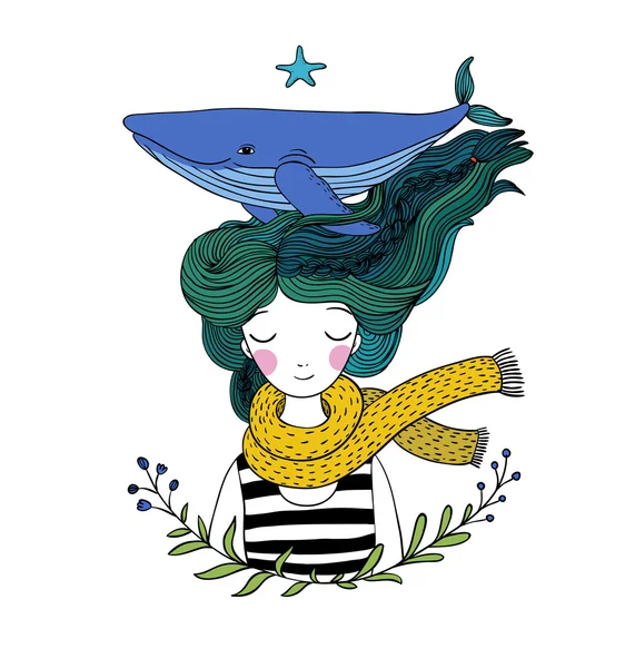 Hermosa joven marinera con una ballena en el pelo. Animales marinos. Dibujo a mano de objetos aislados sobre fondo blanco. Ilustración vectorial. Libro para colorear — Vector de stock