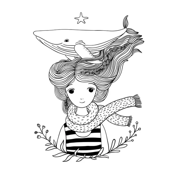 Bella ragazza marinaio con una balena tra i capelli. Animali marini. Disegno a mano di oggetti isolati su sfondo bianco. Illustrazione vettoriale. Libro da colorare — Vettoriale Stock