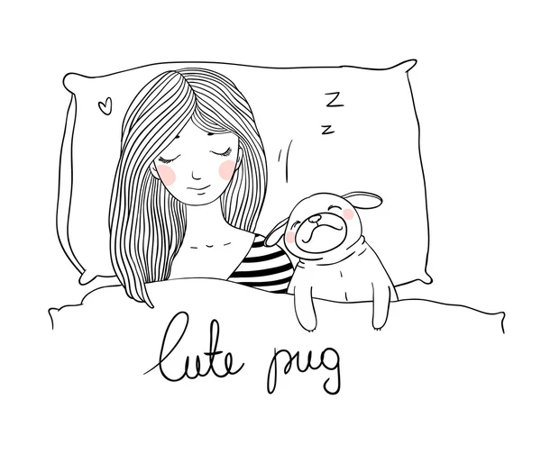 Durmiendo hermosa chica joven y un lindo pug . — Vector de stock