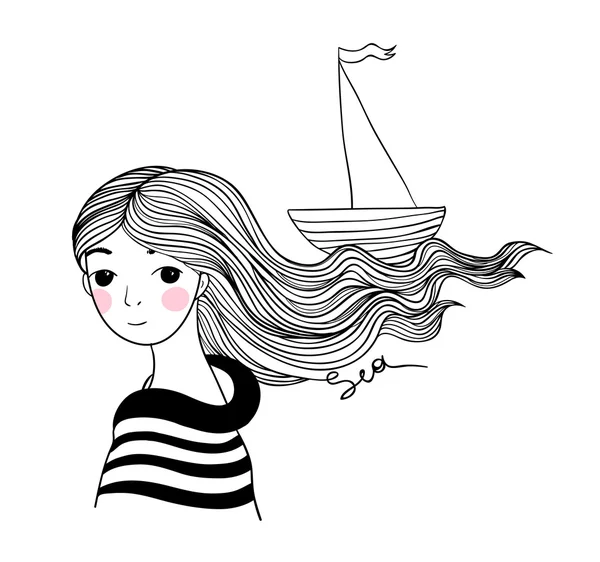 Bella ragazza marinaio con la nave tra i capelli . — Vettoriale Stock