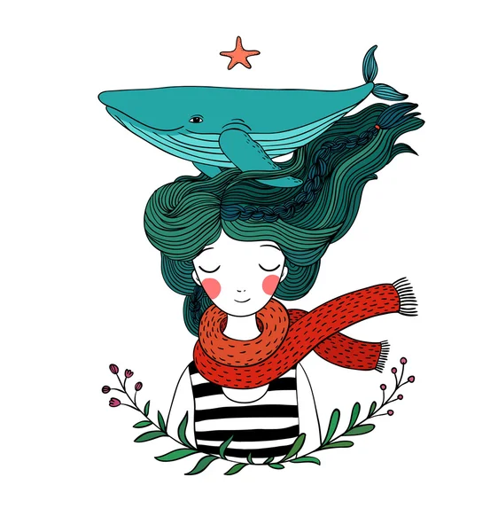 Bella ragazza marinaio con una balena tra i capelli. Animali marini. Disegno a mano di oggetti isolati su sfondo bianco. Illustrazione vettoriale. Libro da colorare — Vettoriale Stock