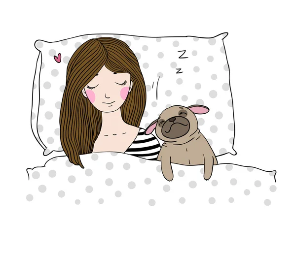 Durmiendo hermosa chica joven y un lindo pug . — Vector de stock