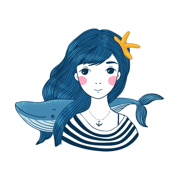 Hermosa joven marinera con una ballena y estrella en su pelo . — Vector de stock