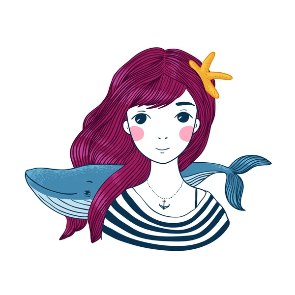 Hermosa joven marinera con una ballena y estrella en su pelo . — Vector de stock