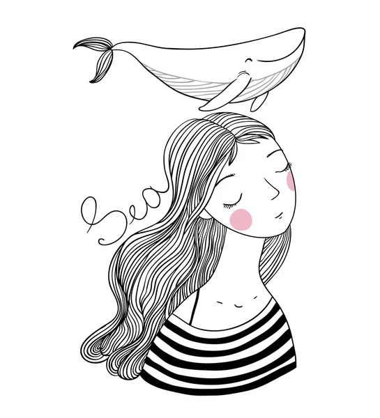 Belle jeune fille marin avec une baleine . — Image vectorielle