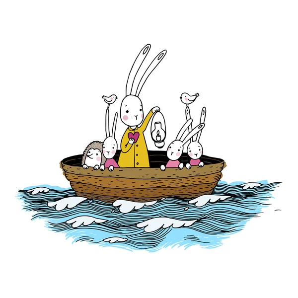 可爱的小野兔和刺猬漂浮在一条船在河上. — 图库矢量图片