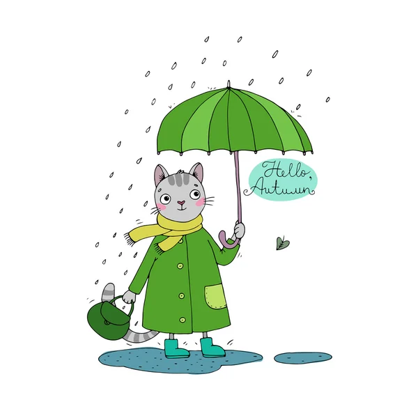 Lindo gato de dibujos animados, paraguas, lluvia y charcos . — Vector de stock