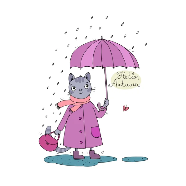 Χαριτωμένα κινούμενα σχέδια γάτας, ομπρέλα, βροχή και λακκούβες. — Διανυσματικό Αρχείο