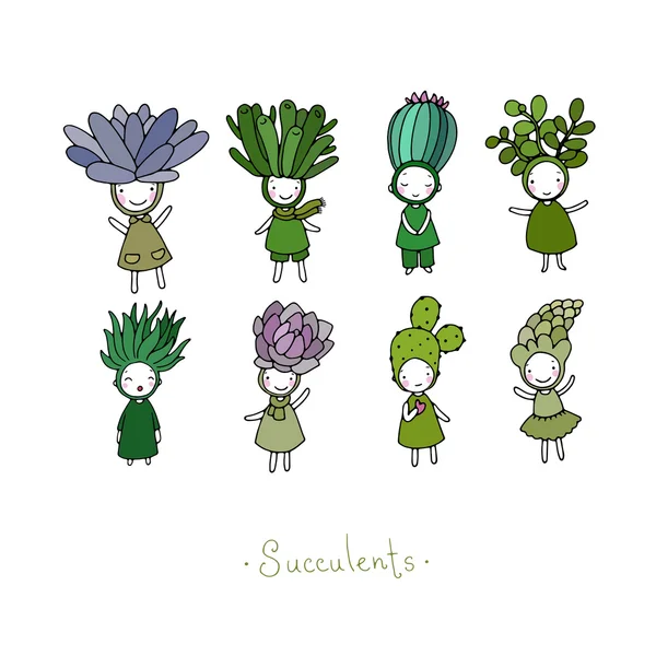 Graphic set with cute cartoon succulents. — Stock Vector