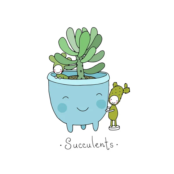 De schattige vetplanten cartoon in pot. — Stockvector